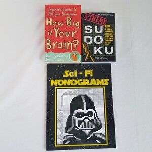 3 Puzzle Book Lot: Sci-Fi Nonograms, X-Treme Sudoku, How Big is Your Brain Paper